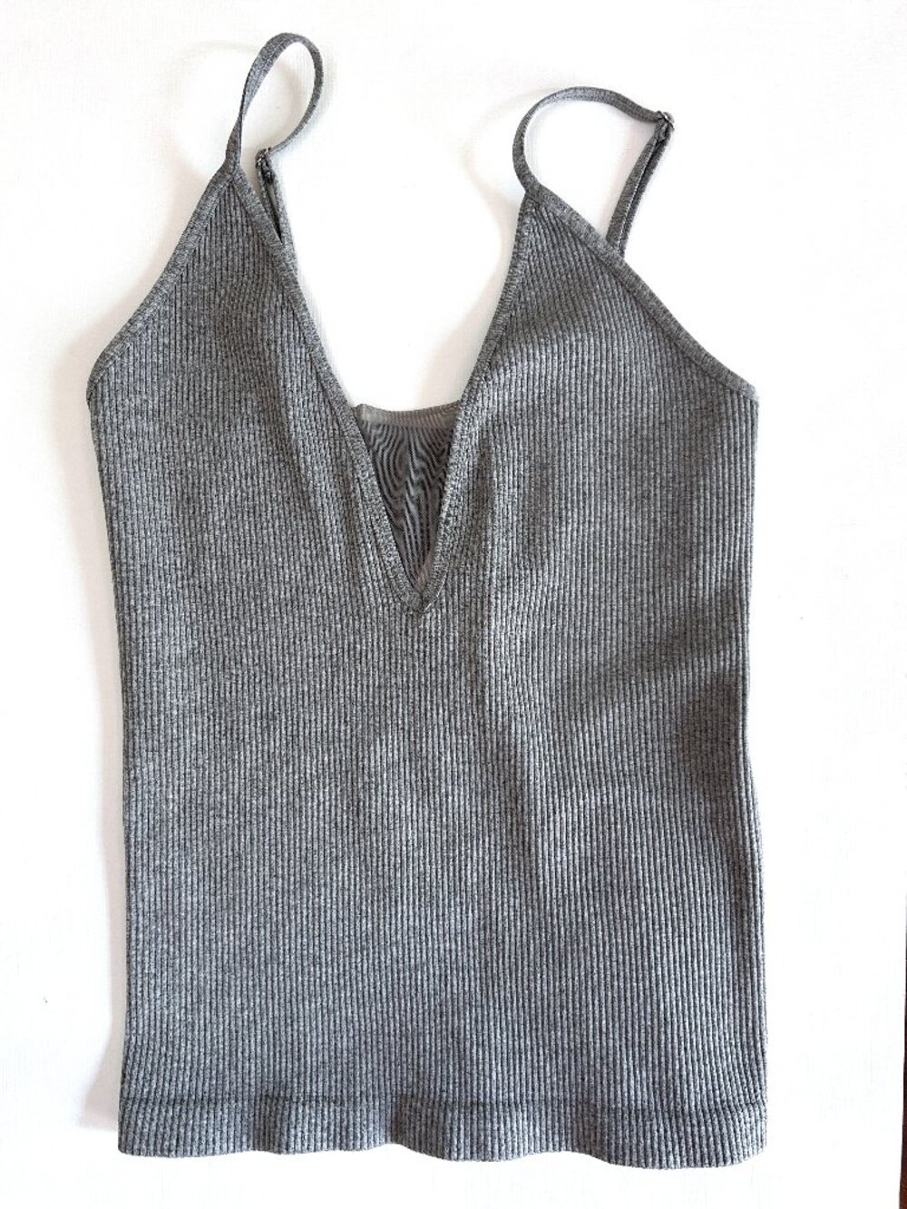 Free People Intimately Ribbed Tank Top M/L Gray Deep V Mesh Y2K Layering Cami